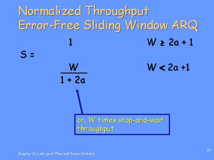 Normalized Throughput Error-Free Sliding Window ARQ S= 1 W ≥ 2 a + 1