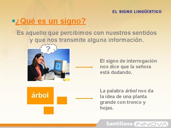EL SIGNO LINGÜÍSTICO §¿Qué es un signo? Es aquello que percibimos con nuestros sentidos EL SIGNO LINGÜÍSTICO §¿Qué es un signo? Es aquello que percibimos con nuestros sentidos