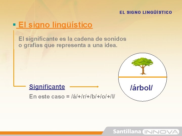 EL SIGNO LINGÜÍSTICO § El signo lingüístico El significante es la cadena de sonidos EL SIGNO LINGÜÍSTICO § El signo lingüístico El significante es la cadena de sonidos
