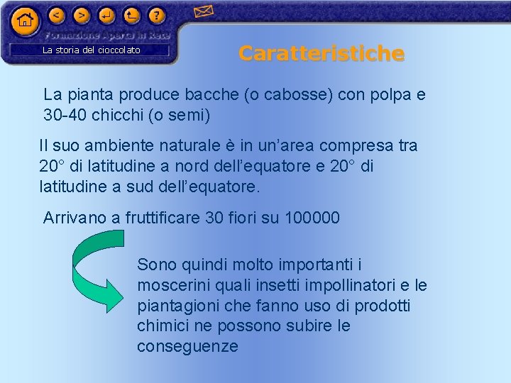 La storia del cioccolato Caratteristiche La pianta produce bacche (o cabosse) con polpa e