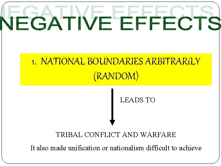 1. NATIONAL BOUNDARIES ARBITRARi. LY (RANDOM) LEADS TO TRIBAL CONFLICT AND WARFARE It also