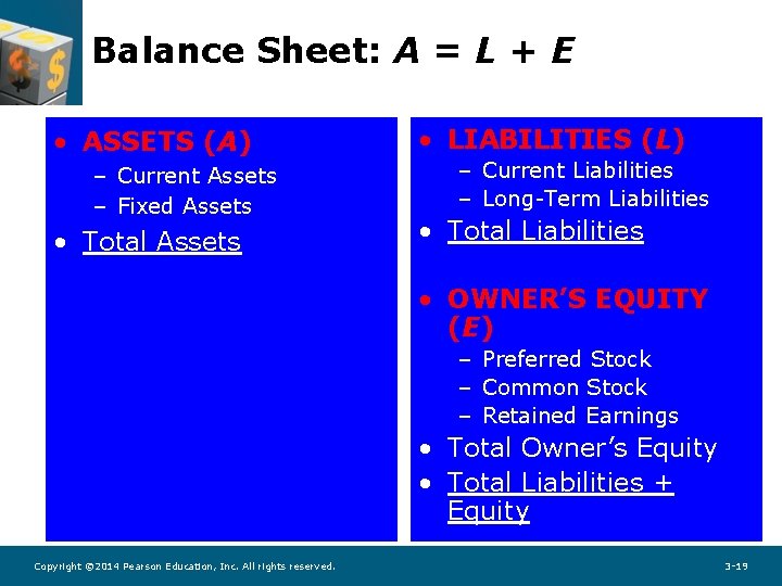 Balance Sheet: A = L + E • ASSETS (A) – Current Assets –