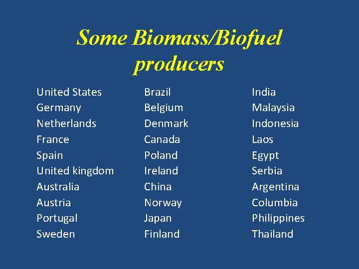 Some Biomass/Biofuel producers United States Germany Netherlands France Spain United kingdom Australia Austria Portugal