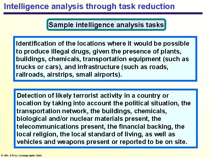 Intelligence analysis through task reduction Sample intelligence analysis tasks Identification of the locations where