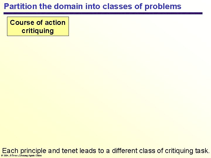 Partition the domain into classes of problems Course of action critiquing Each principle and