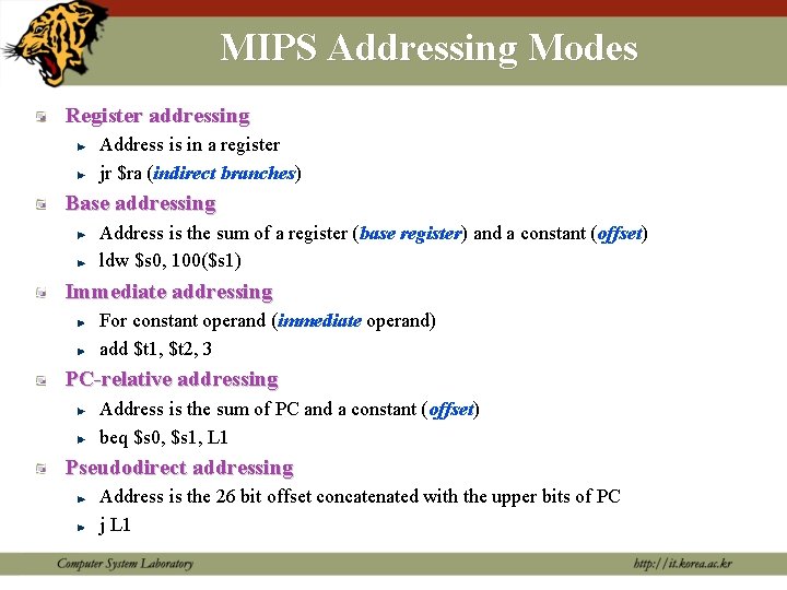 MIPS Addressing Modes Register addressing Address is in a register jr $ra (indirect branches)