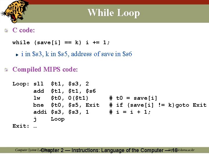 While Loop C code: while (save[i] == k) i += 1; i in $s