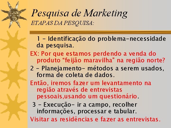 Pesquisa de Marketing ETAPAS DA PESQUISA: 1 - Identificação do problema-necessidade da pesquisa. EX: