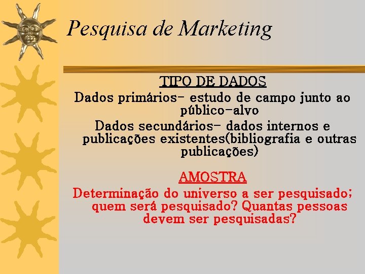 Pesquisa de Marketing TIPO DE DADOS Dados primários- estudo de campo junto ao público-alvo