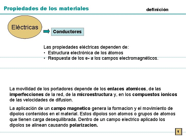 Propiedades de los materiales Eléctricas definición Conductores Las propiedades eléctricas dependen de: • Estructura Propiedades de los materiales Eléctricas definición Conductores Las propiedades eléctricas dependen de: • Estructura
