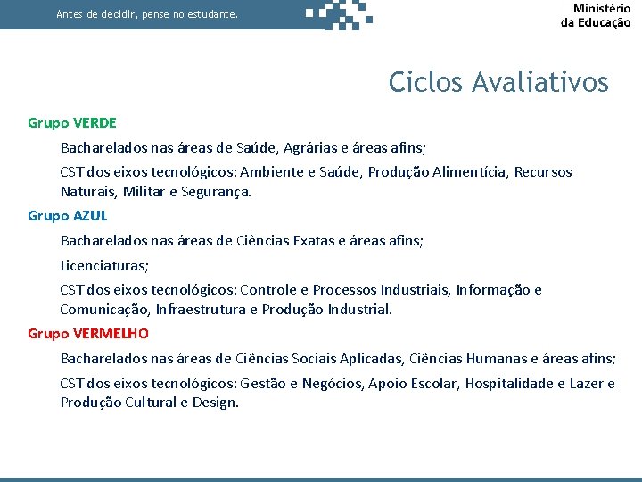 Antes de decidir, pense no estudante. Ciclos Avaliativos Grupo VERDE Bacharelados nas áreas de