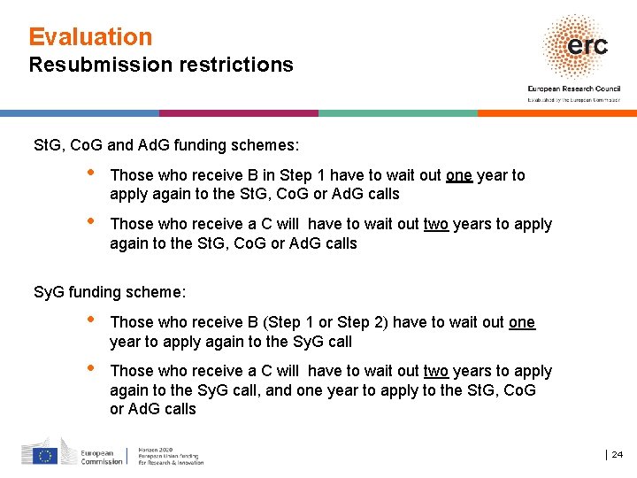 Evaluation Resubmission restrictions St. G, Co. G and Ad. G funding schemes: • Those