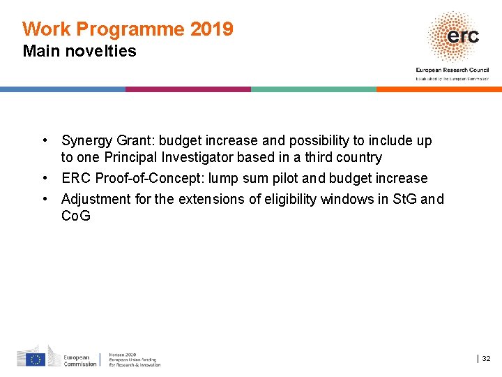 Work Programme 2019 Main novelties • Synergy Grant: budget increase and possibility to include