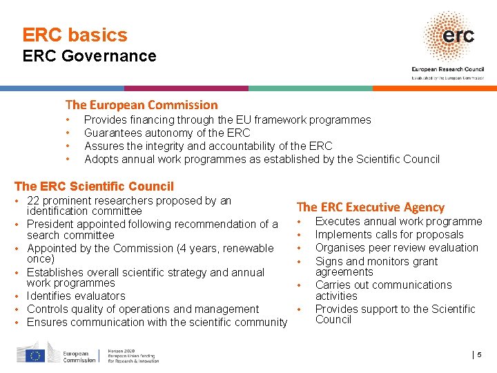 ERC basics ERC Governance The European Commission • • Provides financing through the EU