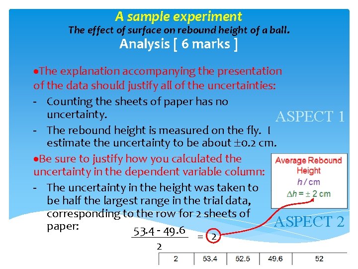 A sample experiment The effect of surface on rebound height of a ball. Analysis