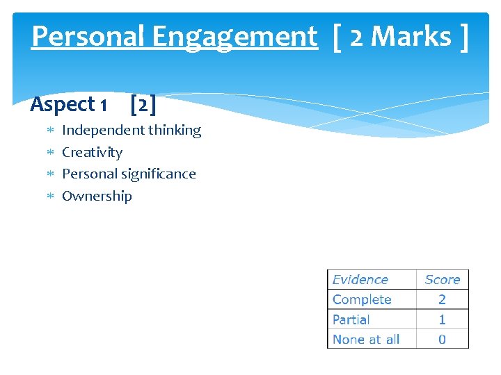 Personal Engagement [ 2 Marks ] Aspect 1 [2] Independent thinking Creativity Personal significance