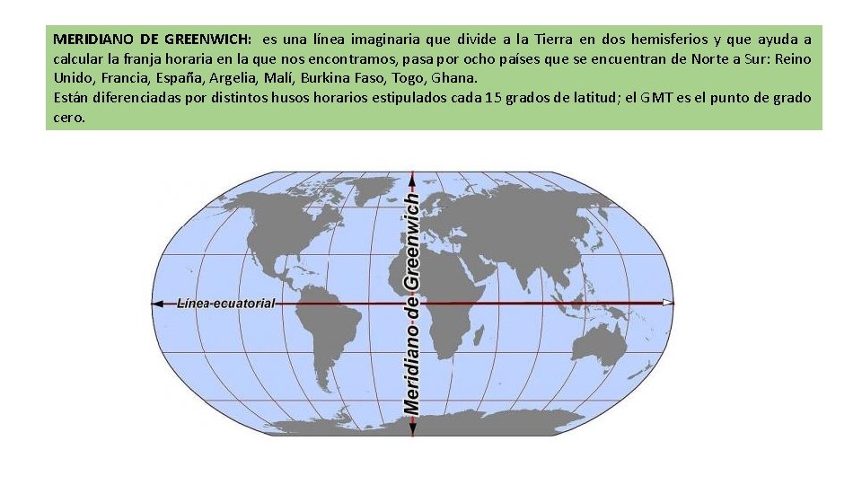 MERIDIANO DE GREENWICH: es una línea imaginaria que divide a la Tierra en dos