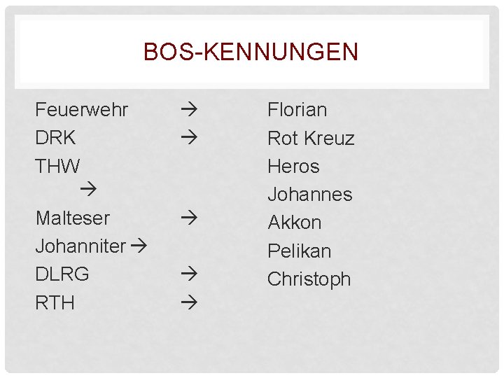 BOS-KENNUNGEN Feuerwehr DRK THW Malteser Johanniter DLRG RTH Florian Rot Kreuz Heros Johannes Akkon BOS-KENNUNGEN Feuerwehr DRK THW Malteser Johanniter DLRG RTH Florian Rot Kreuz Heros Johannes Akkon