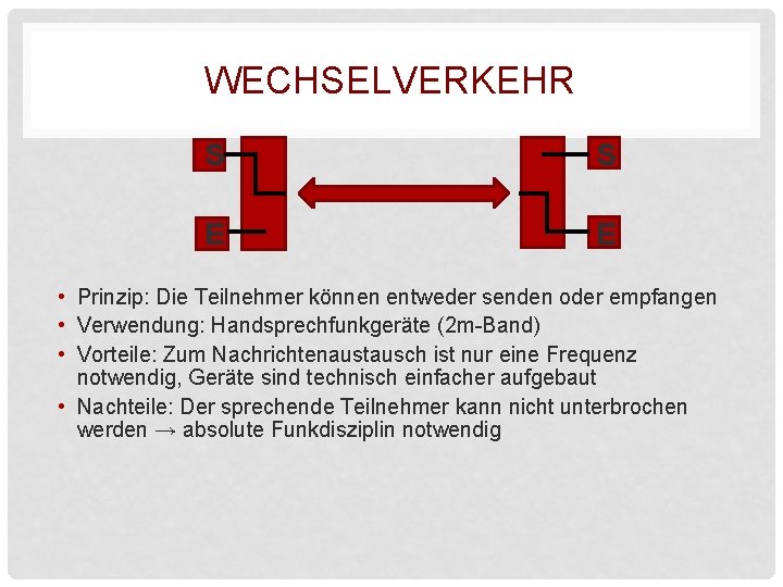 WECHSELVERKEHR S S E E • Prinzip: Die Teilnehmer können entweder senden oder empfangen WECHSELVERKEHR S S E E • Prinzip: Die Teilnehmer können entweder senden oder empfangen