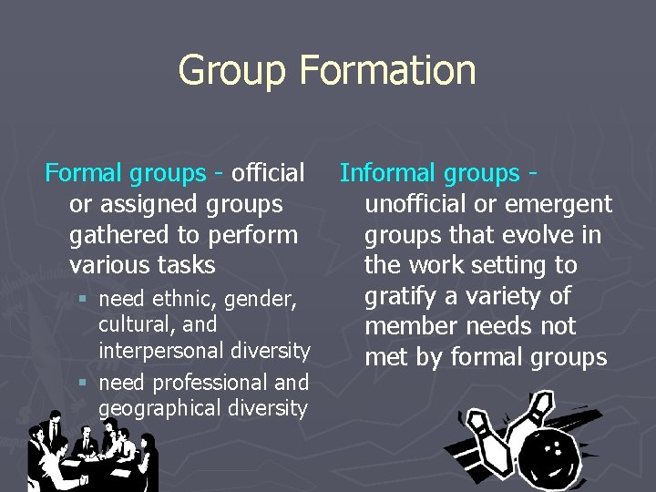 Group Formation Formal groups - official or assigned groups gathered to perform various tasks