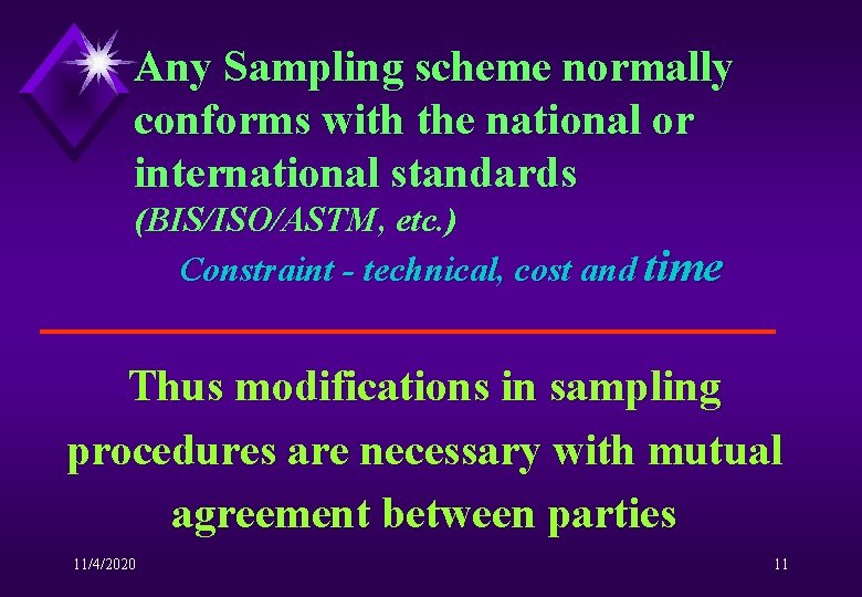 Any Sampling scheme normally conforms with the national or international standards (BIS/ISO/ASTM, etc. )