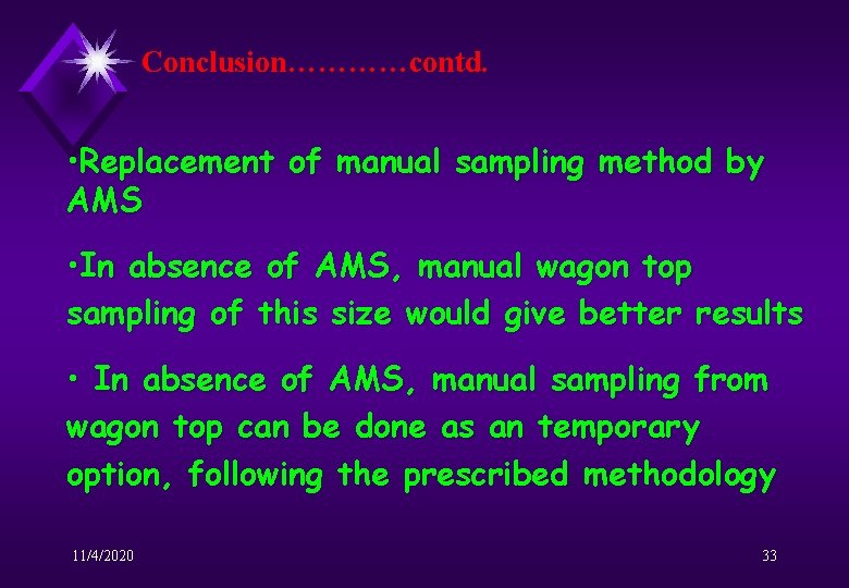 Conclusion…………contd. • Replacement of manual sampling method by AMS • In absence of AMS,