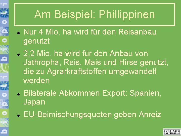 Am Beispiel: Phillippinen Nur 4 Mio. ha wird für den Reisanbau genutzt 2, 2