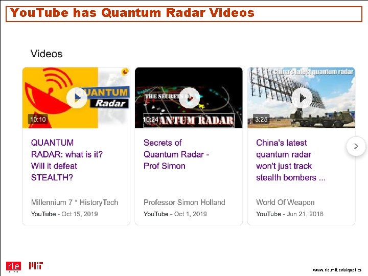 You. Tube has Quantum Radar Videos www. rle. mit. edu/qoptics 