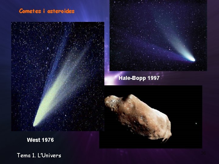 Cometes i asteroides Hale-Bopp 1997 West 1976 Tema 1. L’Univers 36 Cometes i asteroides Hale-Bopp 1997 West 1976 Tema 1. L’Univers 36