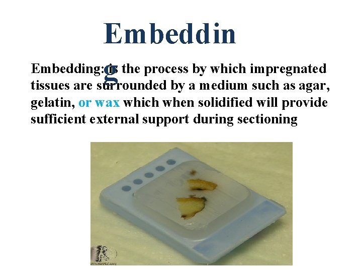 Embedding: g is the process by which impregnated tissues are surrounded by a medium