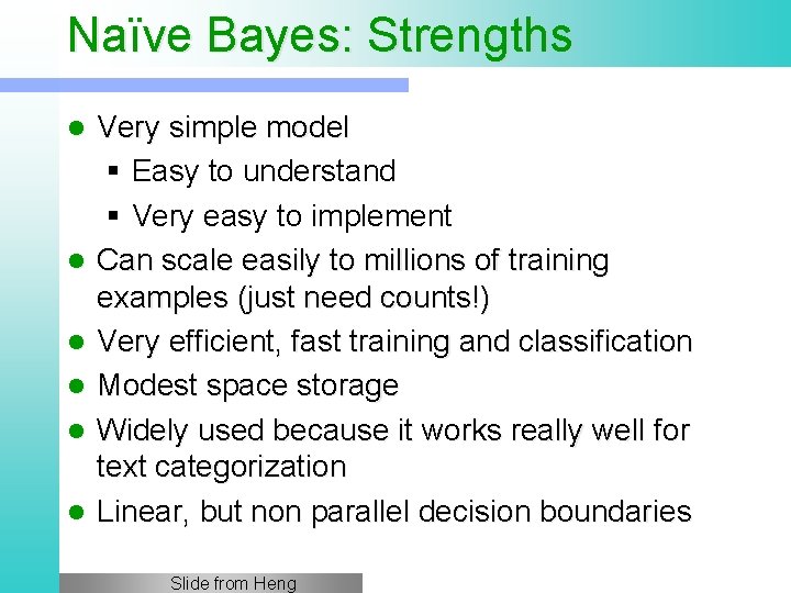 Naïve Bayes: Strengths l l l Very simple model § Easy to understand §