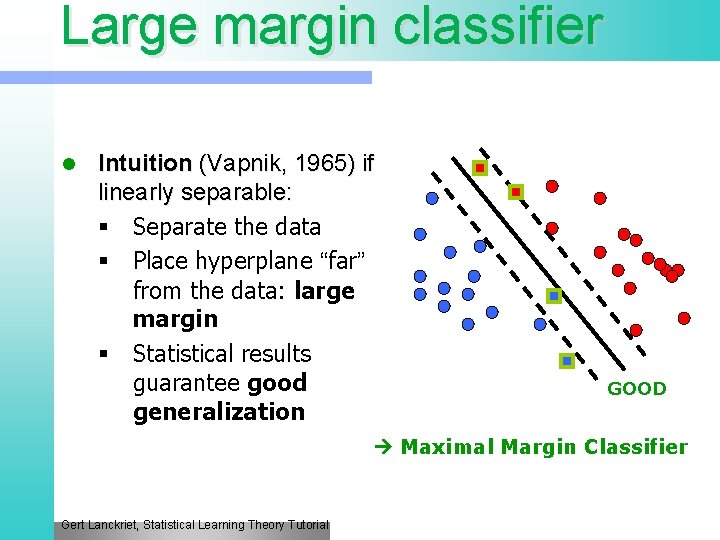 Large margin classifier l Intuition (Vapnik, 1965) if linearly separable: § Separate the data