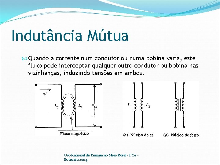 Indutância Mútua Quando a corrente num condutor ou numa bobina varia, este fluxo pode