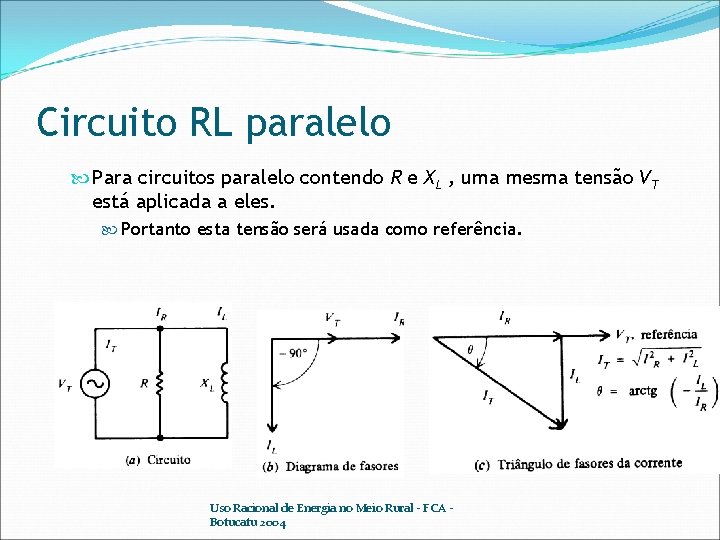 Circuito RL paralelo Para circuitos paralelo contendo R e XL , uma mesma tensão