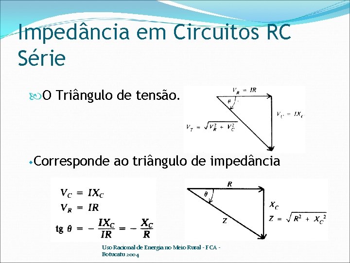 Impedância em Circuitos RC Série O Triângulo de tensão. w Corresponde ao triângulo de