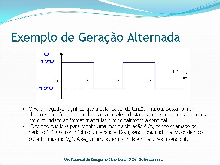 Exemplo de Geração Alternada • O valor negativo significa que a polaridade da tensão