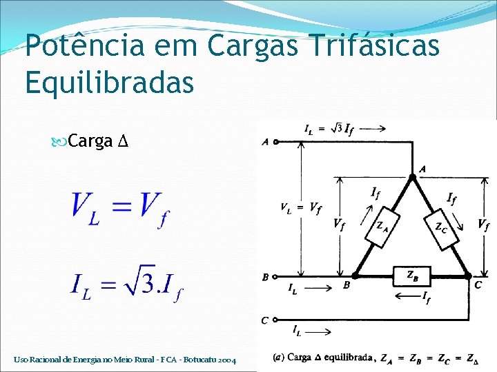 Potência em Cargas Trifásicas Equilibradas Carga Δ Uso Racional de Energia no Meio Rural