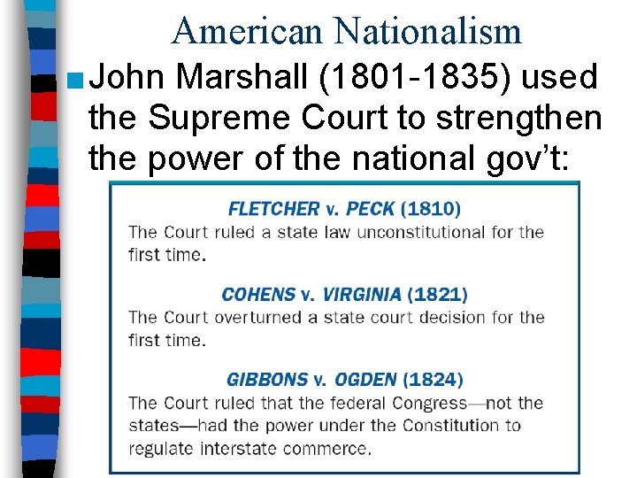 American Nationalism ■ John Marshall (1801 -1835) used the Supreme Court to strengthen the
