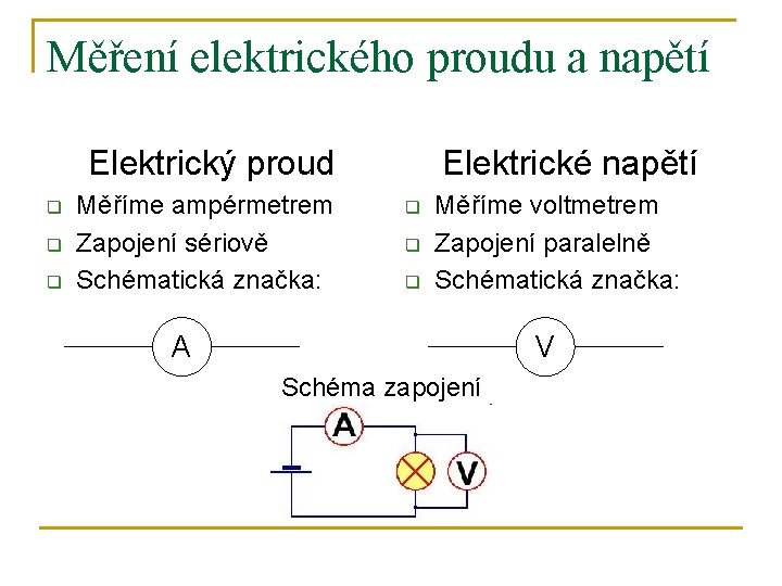 Měření elektrického proudu a napětí Elektrický proud q q q Měříme ampérmetrem Zapojení sériově