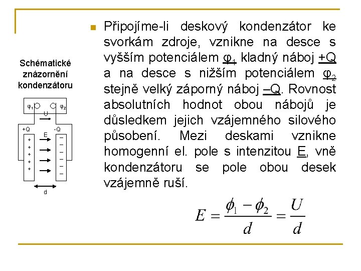 n Schématické znázornění kondenzátoru φ1 φ2 U +Q + + + E d -Q