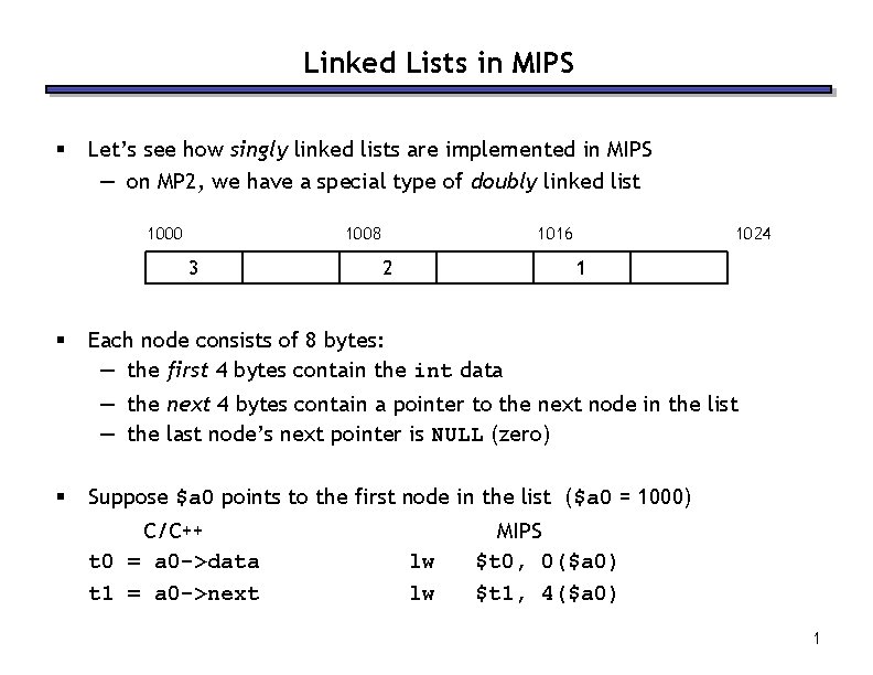 Linked Lists in MIPS § Let’s see how singly linked lists are implemented in