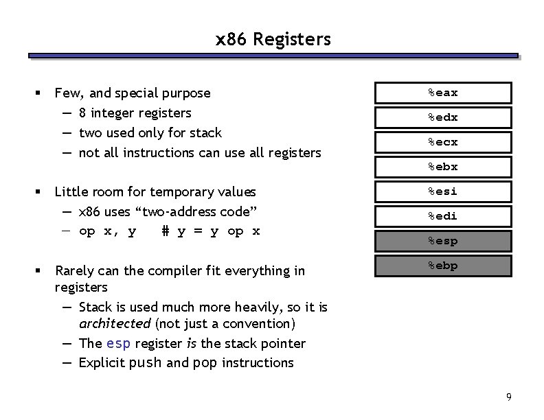 x 86 Registers § § § Few, and special purpose — 8 integer registers