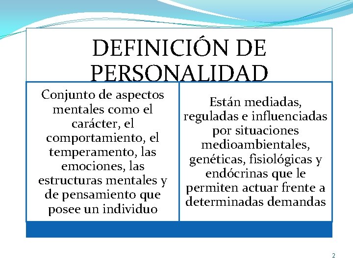 DEFINICIÓN DE PERSONALIDAD Conjunto de aspectos mentales como el carácter, el comportamiento, el temperamento,