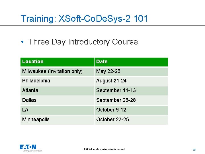 Training: XSoft-Co. De. Sys-2 101 • Three Day Introductory Course Location Date Milwaukee (Invitation