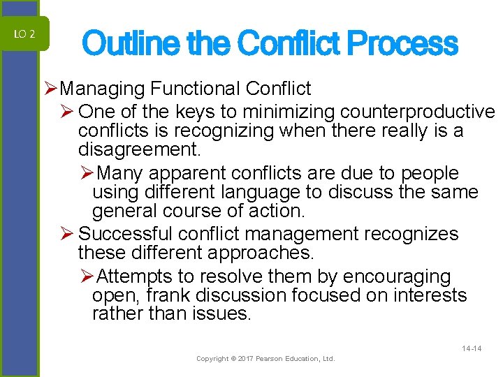 Outline the Conflict Process LO 2 ØManaging Functional Conflict Ø One of the keys