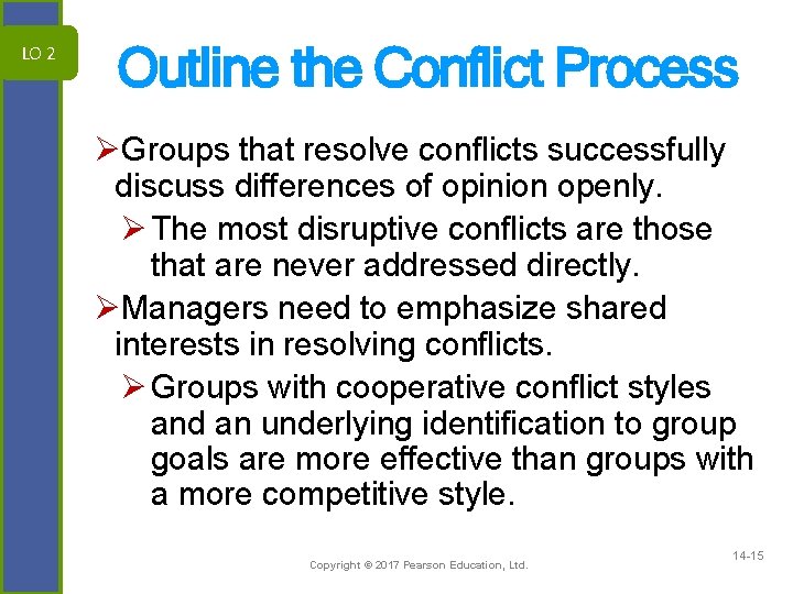 Outline the Conflict Process LO 2 ØGroups that resolve conflicts successfully discuss differences of