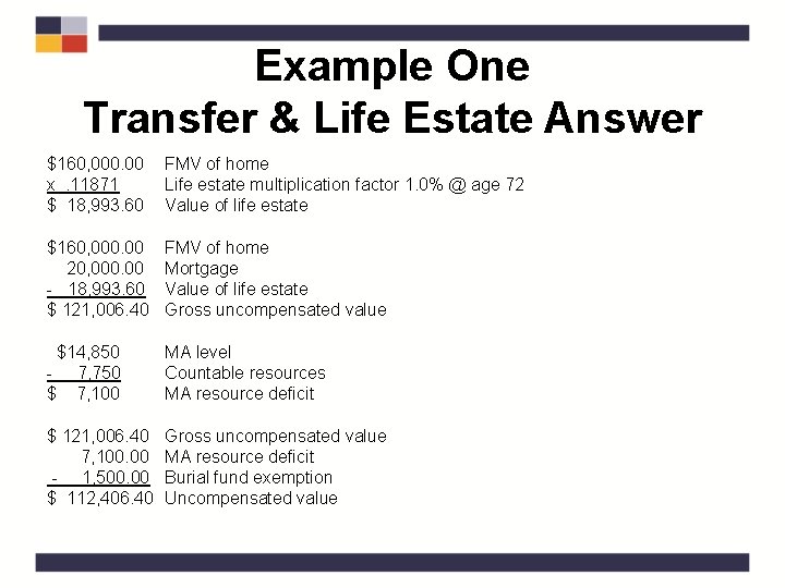 Example One Transfer & Life Estate Answer $160, 000. 00 x. 11871 $ 18,