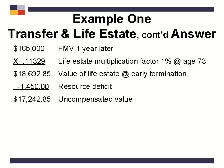 Example One Transfer & Life Estate, cont’d Answer $165, 000 FMV 1 year later