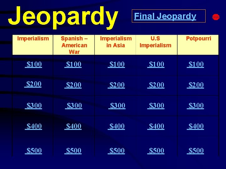 Jeopardy Final Jeopardy Imperialism Spanish – American War Imperialism in Asia U. S Imperialism