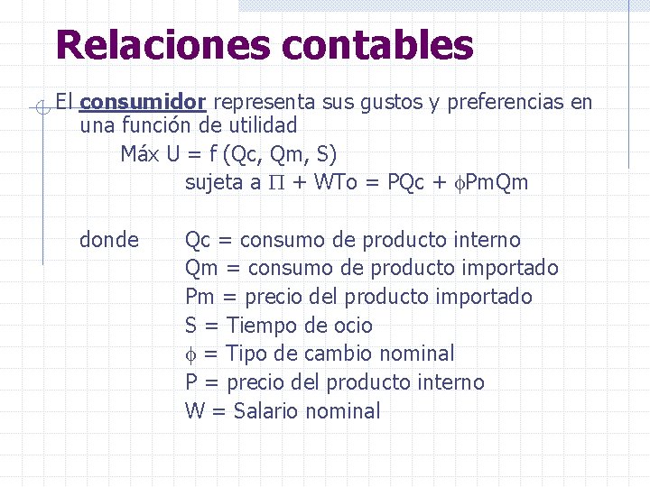 Relaciones contables El consumidor representa sus gustos y preferencias en una función de utilidad